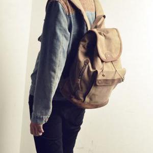 Christmas Gift - Handmade Leather Canvas Backpack..
