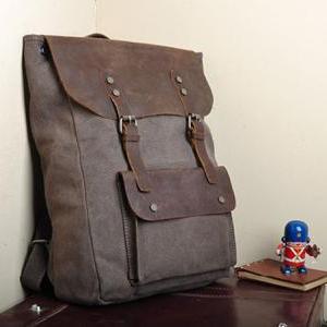 Handmade Leather Canvas Backpack Coffee Canvas..