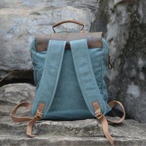 Handmade Leather Canvas Backpack Blue Canvas..