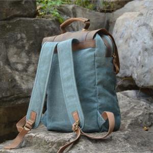 Handmade Leather Canvas Backpack Blue Canvas..