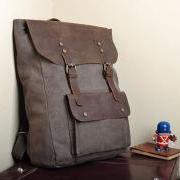 Handmade Leather Canvas Backpack Coffee Canvas Backpacks Student Canvas Backpack laptop bag---M/L