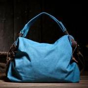 Thanksgiving Gift - Blue Canvas Leisure Tote Leather Canvas Messenger bag Canvas Handbag