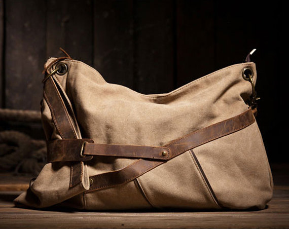 Gift - Khaki Canvas Bag Leather Canvas Messenger bag Canvas Cross-body bag---M/L