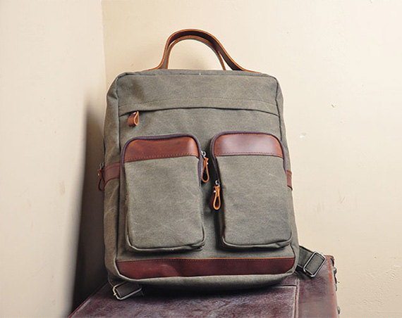 Army Green Canvas Bag Canvas Backpacks Leisure Leather/canvas Backpack Canvas Hangbags