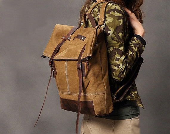 Khaki Canva Backpacks Canvas-leather Backpacks School Backpack