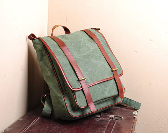 Canvas Bag Canvas Backpacks Leisure Leather/canvas Backpack ---cyan