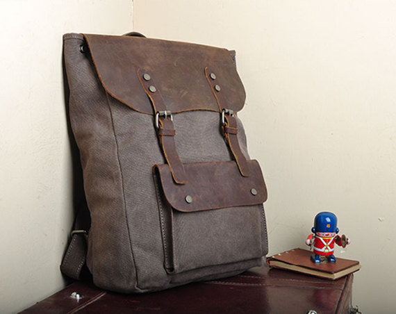 Handmade Leather Canvas Backpack Coffee Canvas Backpacks Student Canvas Backpack Laptop Bag---m/l