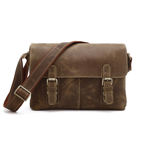 Crazy Horse Leather Men's Brown Shoulder Messenger Bag Crossbody iPad Bags
