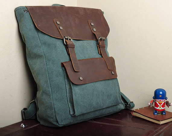 Christmas Gift - Handmade Leather Canvas Backpack Canvas Backpacks Student Canvas Backpack 15''macbook Pro/air Bags---lake