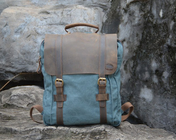 Handmade Leather Canvas Backpack Blue Canvas Backpacks Student Canvas Backpack Leisure Packsack