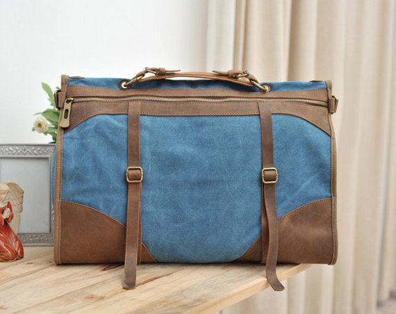 Thanksgiving Gift - Blue Canvas Bag Leather Canvas Messenger bag Canvas Cross-body bag Hangbag