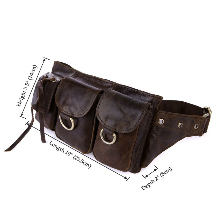 Dark Brown Leather Waist Bag, Fashion Unisex Pack, Portable Bag