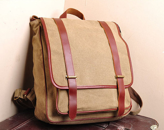 Canvas Bag Canvas Backpacks Leisure Leather/Canvas Backpack --- Khaki/ Army Green