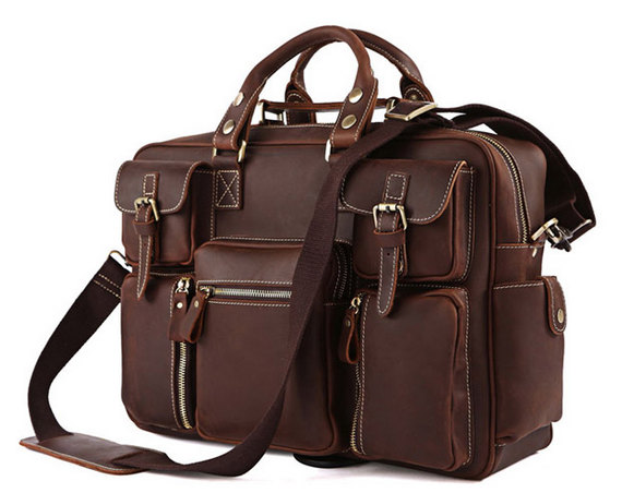 Christmas Gift---Rare Crazy Horse Leather Men's Briefcase Laptop Bag Dispatch Shoulder Huge 16.5''