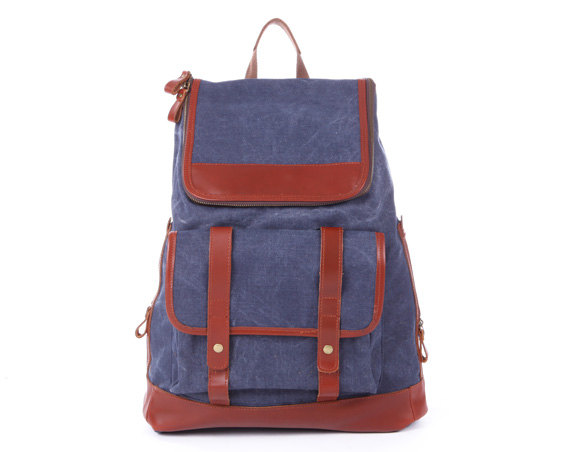 Blue Leather-Canvas Backpacks Canvas Backpacks Student Canvas Backpack Leisure Packsacks