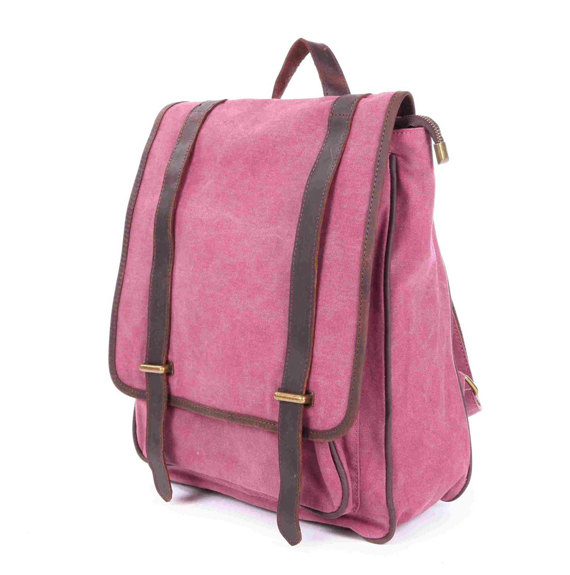 Rose-red Canvas Bag Canvas Backpacks Leisure Leather/canvas Backpack