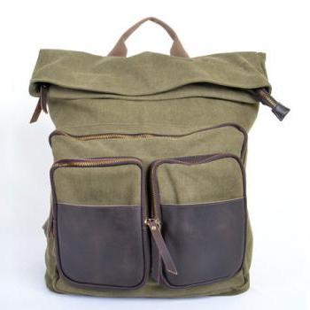 Army Green Canva Backpacks Canvas-Leather Backpacks School Backpack Canvas Bag with two front pockets