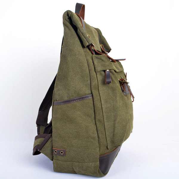 Army Green Canva Backpacks Canvasleather Backpacks School Backpack on