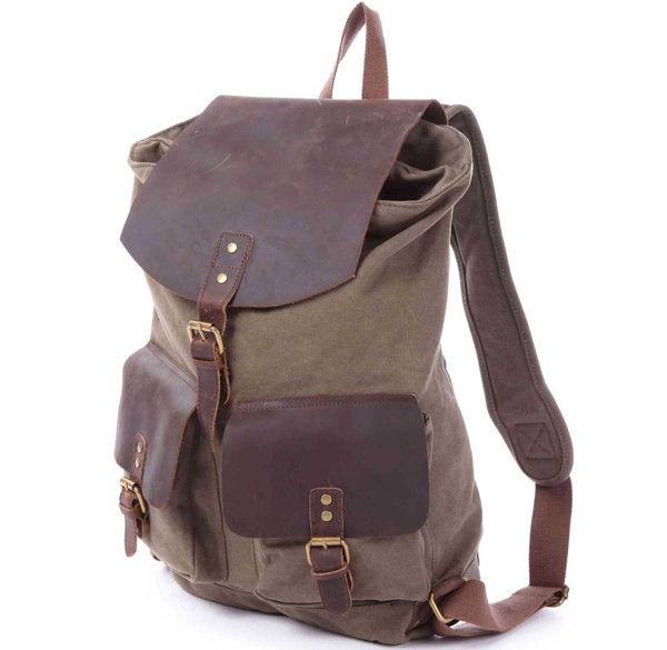 Handmade Leather Canvas Backpacks Army Green Canvas Backpacks Student